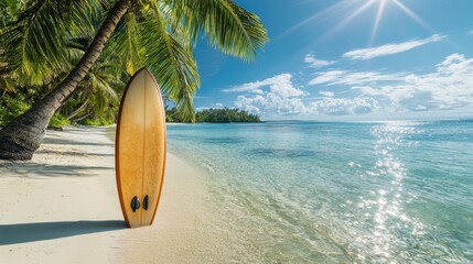 A serene beach scene featuring a surfboard, palm trees, and clear turquoise waters under a bright blue sky.