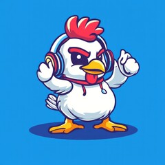 Angry rooster DJ headphones blue background mascot design
