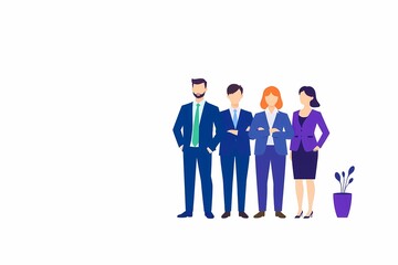 United in Purpose:  A dynamic team of four business professionals stand united, radiating professionalism and confidence.  Their attire reflects a sense of corporate solidarity.