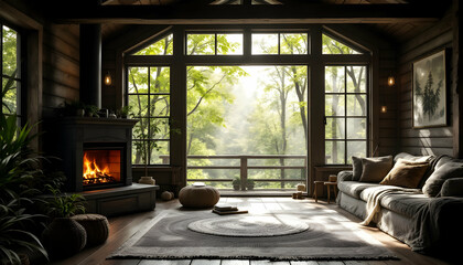 Fototapeta premium Serene Cabin Retreat: Embrace Nature's Beauty Through Lush Green Views and Cozy Atmosphere