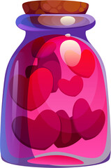 Love potion bottle of Valentine holiday vector symbol. Cartoon glass bottle of pink liquid with red hearts and cork. Valentine Day love potion, magic drink, perfume or elixir in old apothecary jar