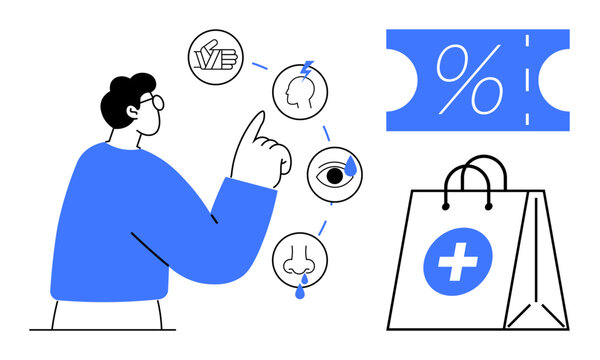 Person pointing at sensory icons representing health check-up options. Includes discount coupon and medical shopping bag. Ideal for healthcare, medical retail, online shopping, health awareness