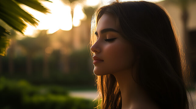 
a closeup of a beautiful girl soaking in the sun in the greens at masdar city, abu dhabi, nature inspires, resort like vibe, she looks rich and premium, high fashion, massimo dutyi vibe, resort and i