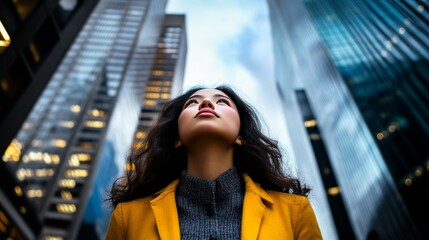 A young woman standing between two city bridges, looking up with a thoughtful expression, surrounded by urban architecture open sky, reflecting on the bustling city life and her future possibilities