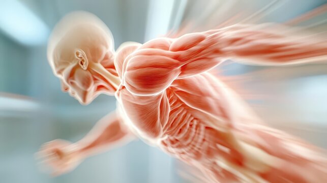 A muscular human figure mid-motion, muscles flexing and highlighted as though captured by a high-speed X-ray camera, dynamic energy
