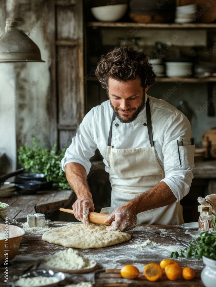 Aufkleber Freshly prepared dough on a rustic kitchen table with vibrant ingredients and a chef using a rolling pin. Generative AI