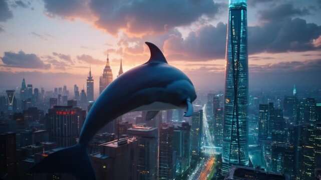 The dolphin flying on the city
