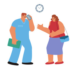 Cartoon style illustration of a doctor talking to a patient. Topic: Healthcare, Medicine, Health Insurance.  Flat style. Vector illustration.