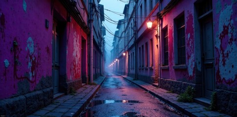 Fototapeta premium Mysterious city alley with purple stained grungy walls and street art , urban decay, grungy city, misty atmosphere
