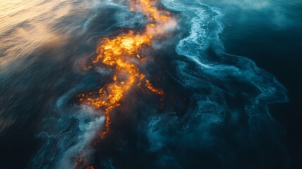 Fototapeta premium Aerial view of fiery orange and cool blue water swirls meeting in the ocean at sunset.