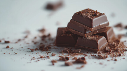 Pieces of chocolates and small shavings on a white surface 
