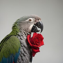 Obraz premium A parrot standing with a rose between its talons, with sunlight softly illuminating the details, isolated on white.