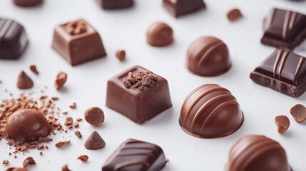 Pieces of chocolates and small shavings on a white surface 