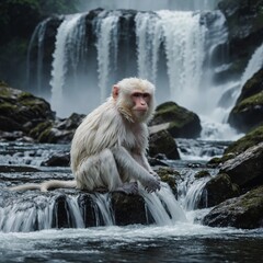 Obraz premium A white monkey sitting at the edge of a white waterfall, the scene exuding tranquility.