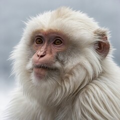 A white monkey enjoying the gentle breeze, its fur flowing seamlessly into the white background.

