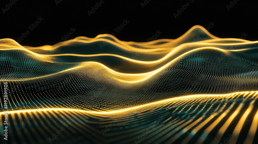 Poster abstract representation of flowing waves with luminous lines creating a mesmerizing digital terrain,