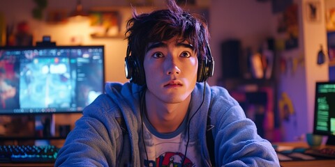 Obraz premium A dedicated gamer immersed in a game, illuminated by vivid purple lighting, symbolizing focus and intensity.