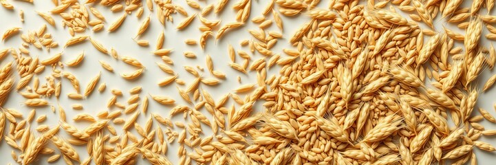 Abundant organic wheat grains scattered on rustic surface, farm fresh produce, 3D illustration, abundant, scatter, farm