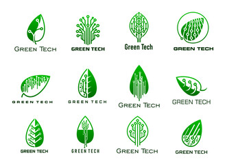 Green tech icons, smart digital farm and eco green energy technology vector symbols with leaves of plant or tree and circuit line pattern. Bio tech and eco digital technology signs set, ecology themes