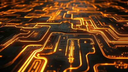 Intricate Circuit Board Design with Glowing Orange Lines Representing Advanced Technology and Digital Connectivity in a Futuristic Setting