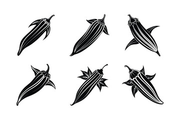 Okra (Abelmoschus esculentus) design, labeled silhouette vector illustration