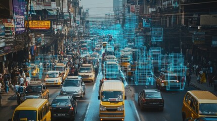 Urban Traffic Scene with Overlaid Data Visualization of Vehicles in a Busy City Street, Showcasing Smart Technology Integration for Future Mobility Solutions