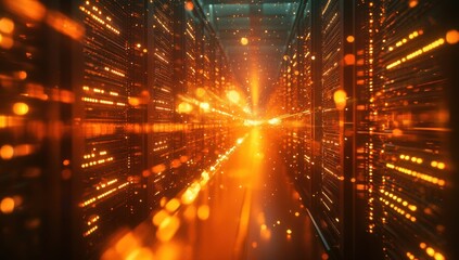 Obraz premium Vibrant Digital Pathway Through Server Racks Rendering an Incredible Data Flow with Glowing Particles and Light Effects in an Abstract Technology Environment