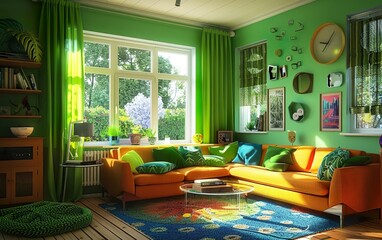 Stylish bright green living room dopamine interior design. Clutter core maximalism aesthetics, cozy, chaotic, busy, vibrant, whimsical abundance, charming joy, eclectic mishmash, organised chaos