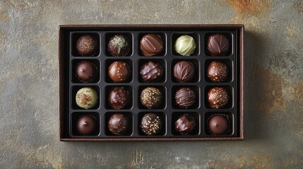 Exquisite Assortment of Artisan Chocolates in a Dark Box on a Textured Background Perfect for Gourmet Treats, Gifts, and Celebrations
