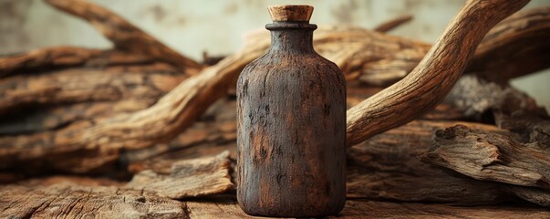 Textured bottle with a weathered look surrounded by natural wood elements