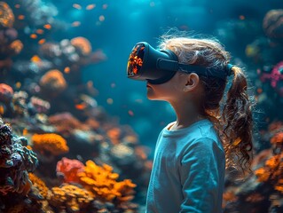 Child Exploring Glowing Underwater World Through VR Headset Surrounded By Colorful Marine Life