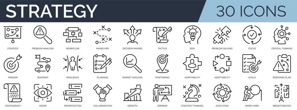 Set of 30 outline icons related to strategy. Linear icon collection. Editable stroke. Vector illustration	