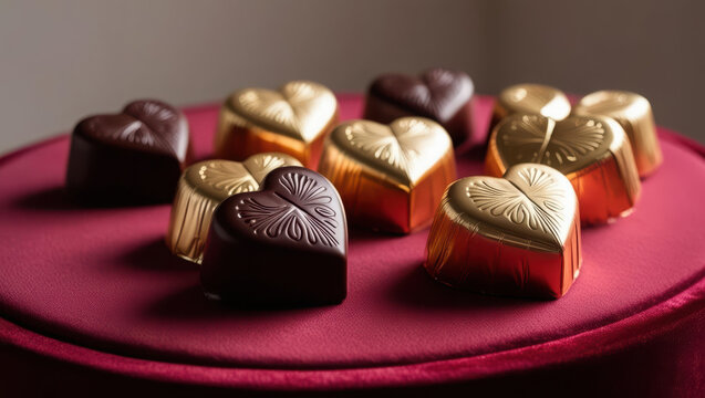 close up of artisan cho tes with heart shaped designs and elegant packaging on luxurious velvet surface, evoking sense of indulgence
