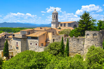 Panoramic aerial view of Girona, defensive walls and cathedral, Catalonia, Spain.