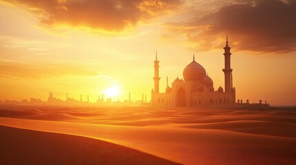 Majestic Mosque at Sunset Over Golden Sand Dunes with Vibrant Sky and Serene Atmosphere Creating a Spectacular Landscape in Desert Environment