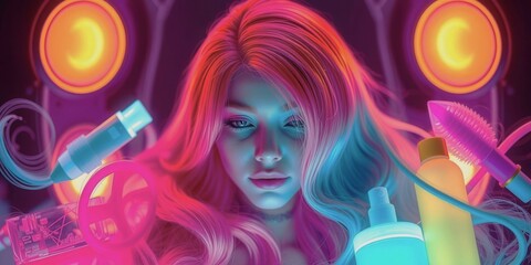 A woman with long red hair is surrounded by various beauty products. The image has a vibrant and colorful mood, with the woman's hair and the products all glowing in different shades of pink
