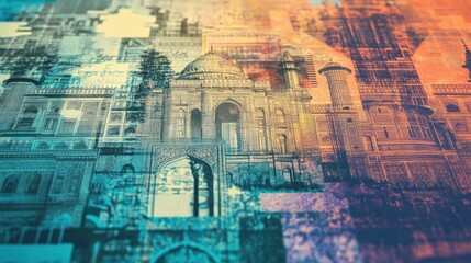 Obraz premium Abstract artistic representation of iconic Indian architecture with vibrant colors showcasing intricate designs and a blend of modern and traditional elements.