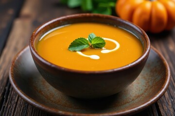 Silky smooth pumpkin soup, vibrant orange hue in rustic bowl, healthy, soup recipe, rustic