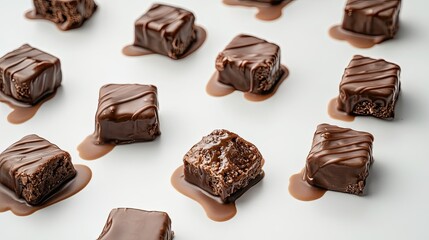 Obraz premium Delicious Chocolate Treats on a Clean White Surface, Tempting Squares of Milk Chocolate Surrounded by Rich Chocolate Drizzle for a Sweet Indulgence