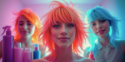 Naklejka premium Three women with orange hair are standing in front of a mirror. They are smiling and seem to be getting ready for a party. The room is decorated with colorful bottles and containers, giving it a fun