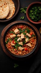 Hearty lentil soup with grilled chicken and fresh herbs for cozy dining