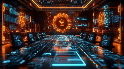 Futuristic Meeting Room with Glowing Digital Icons Representing Business Equity Concept