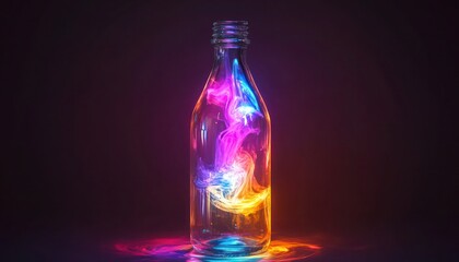 Transparent glass bottle with colorful liquid and glowing reflections