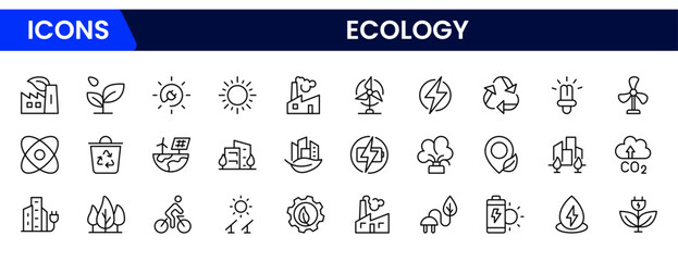 Ecology icon set. Ecofriendly icon, nature icons set. Linear ecology icons. Environmental sustainability is a simple symbol. Simple Set of  Line Icons. Global Warming, Forests, Organic Farming.