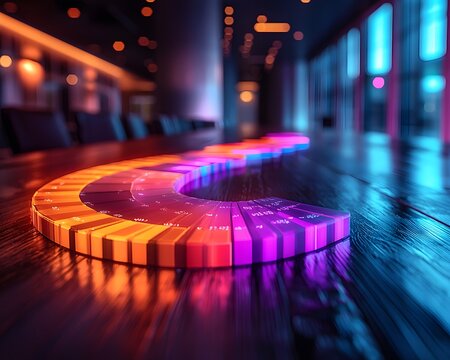Futuristic Business Meeting with Glowing Pie Chart Projections Showcasing Transparent Equity Distribution Concept