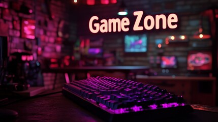 Neon-lit game zone with a gamer's hand on a keyboard. Represents focus, technology, and immersive gaming with vibrant lighting effects.