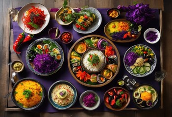 vibrant culinary arrangements showcasing beautifully plated international dishes colorful ingredients artistic presentation, food, cuisine, garnish, texture