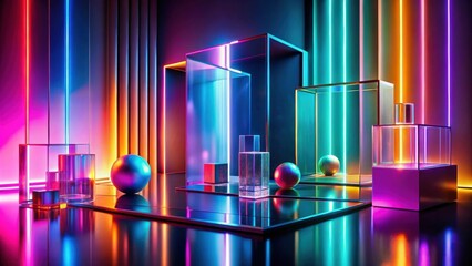 Abstract vibrant neon display with geometric shapes and reflective surfaces