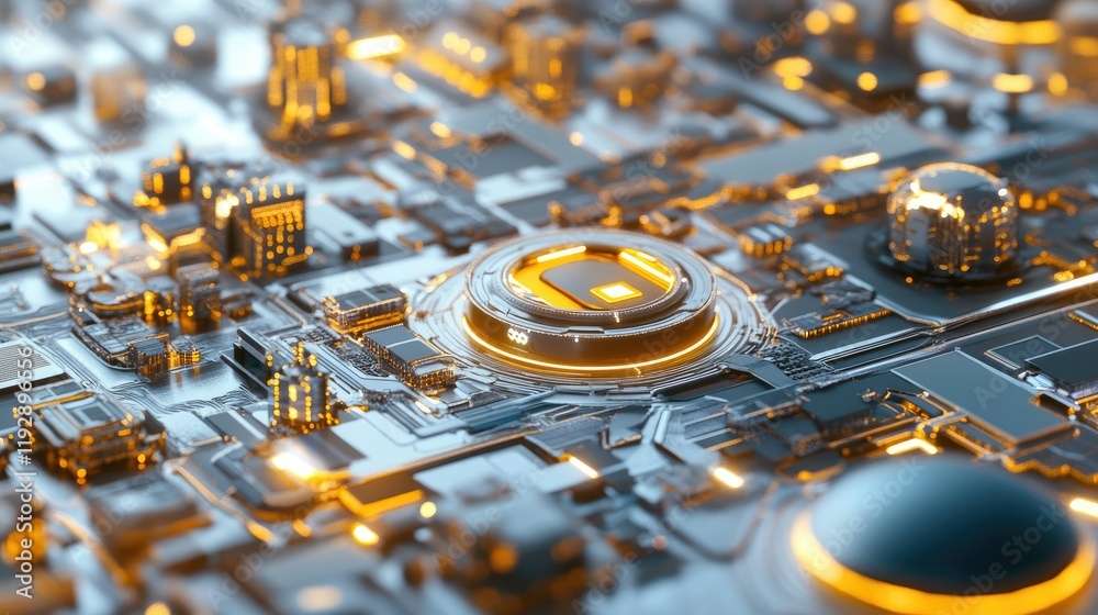 Poster intricate close-up of futuristic circuit board with glowing elements and metallic structures represe