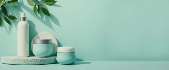 A blue background with three containers of beauty products on a white pedestal. The containers are blue and white, and they are arranged in a visually appealing manner